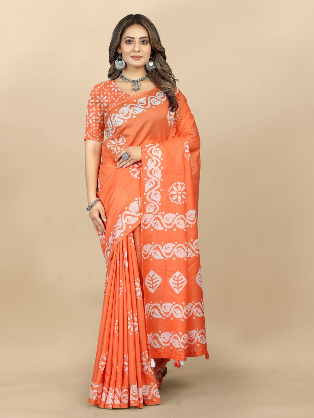 

MOKSHA DESIGNS Batik Printed Pure Cotton Chanderi Saree, Orange