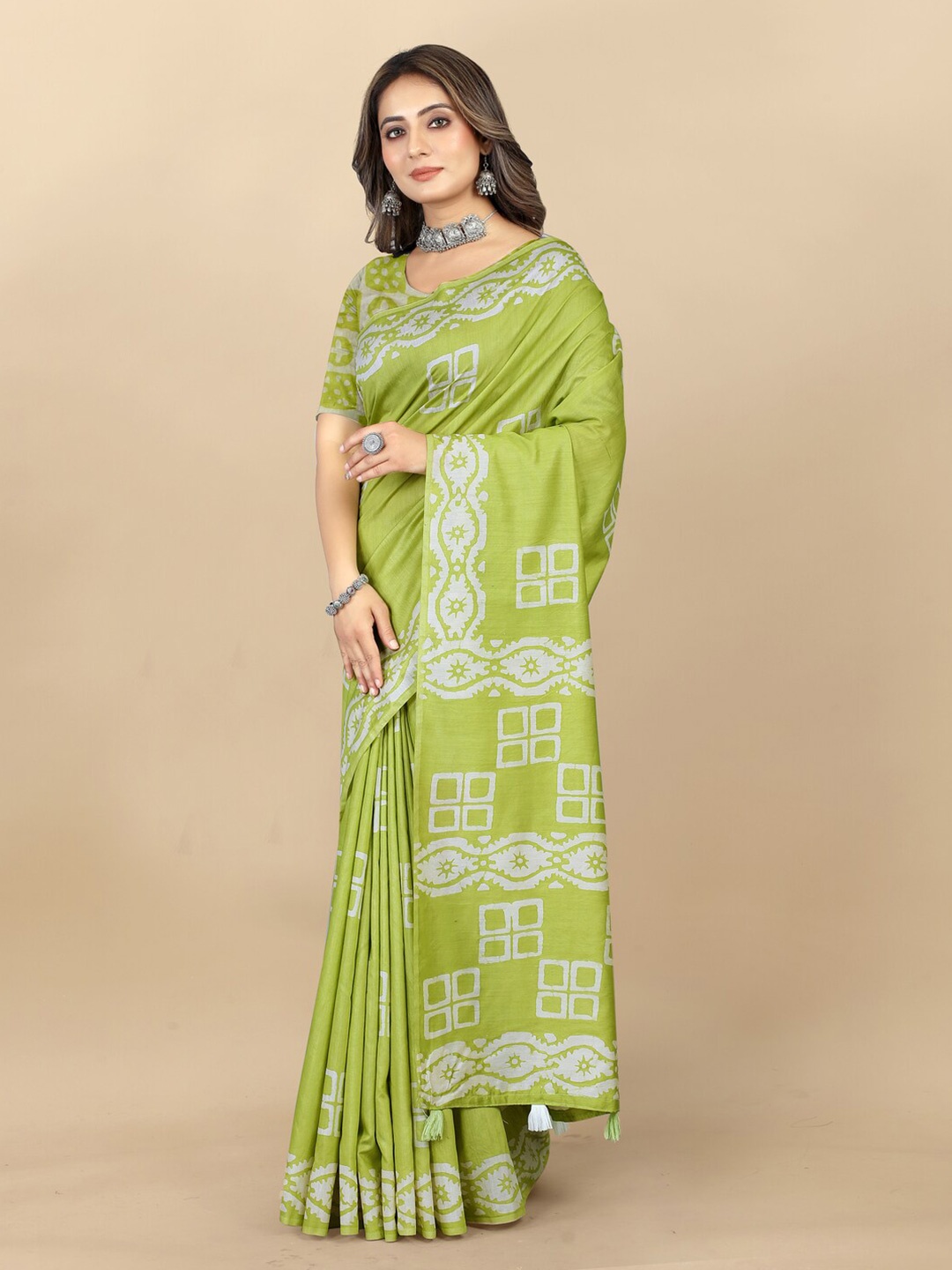 

MOKSHA DESIGNS Batik Pure Cotton Bagru Saree, Olive