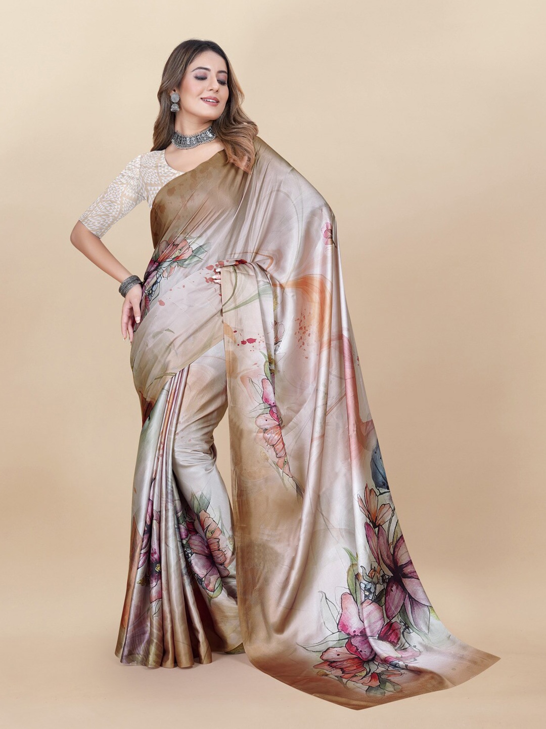 

MOKSHA DESIGNS Floral Printed Satin Saree, Brown