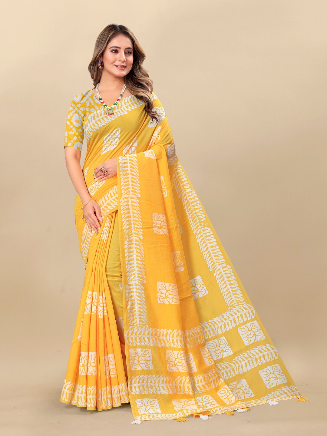 

MOKSHA DESIGNS Jaipuri Batik Printed Pure Cotton Chanderi Saree, Yellow