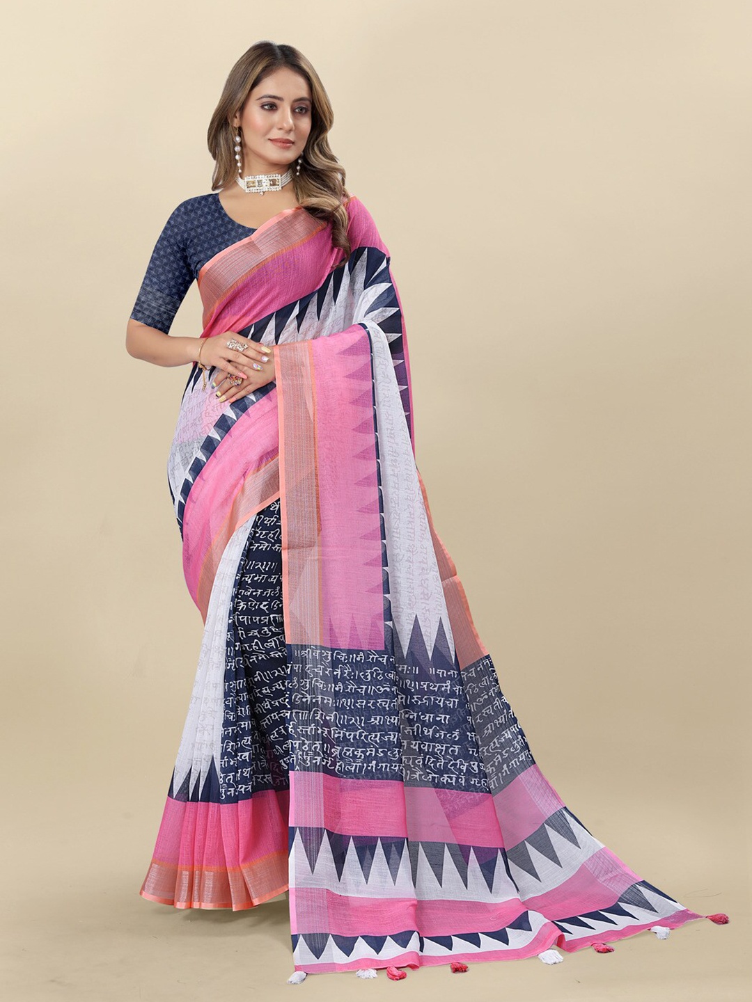 

MOKSHA DESIGNS Pure Linen Saree, White