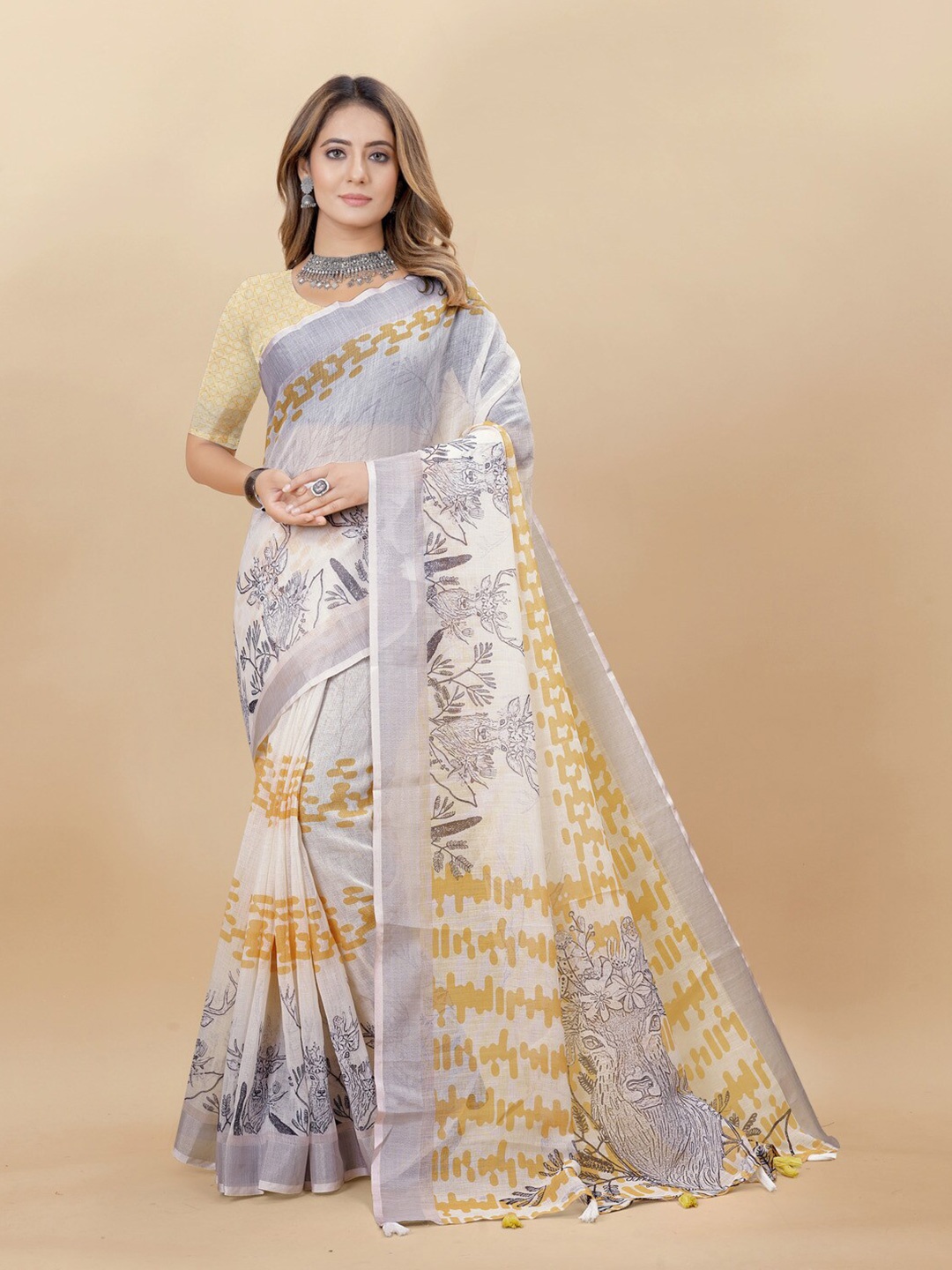 

MOKSHA DESIGNS Floral Pure Linen Saree, Grey