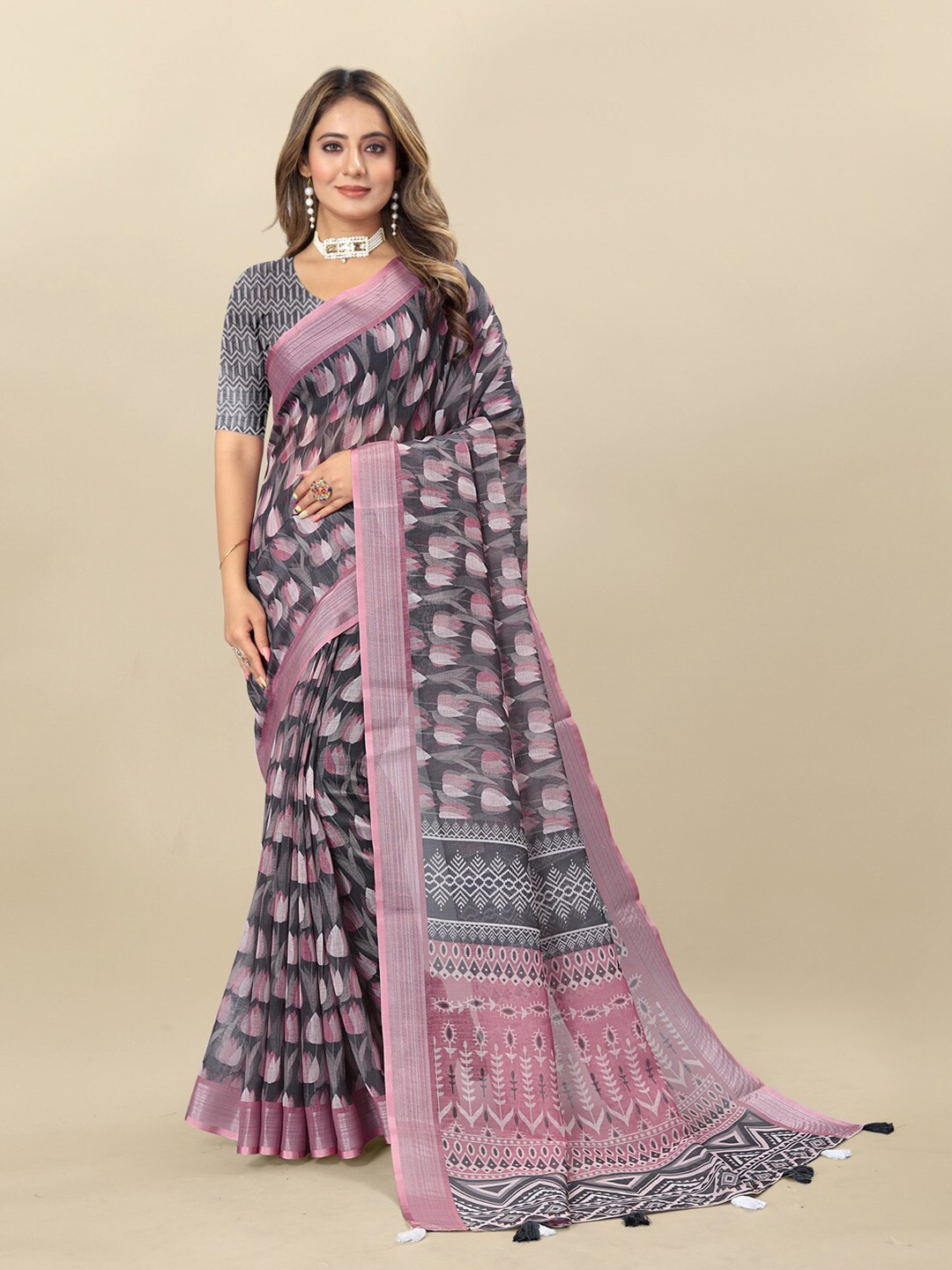 

MOKSHA DESIGNS Floral Pure Linen Saree, Pink