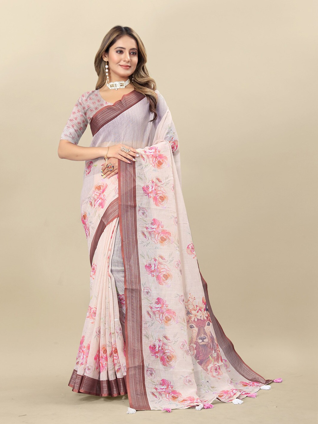

MOKSHA DESIGNS Floral Pure Linen Saree with Tassels, White