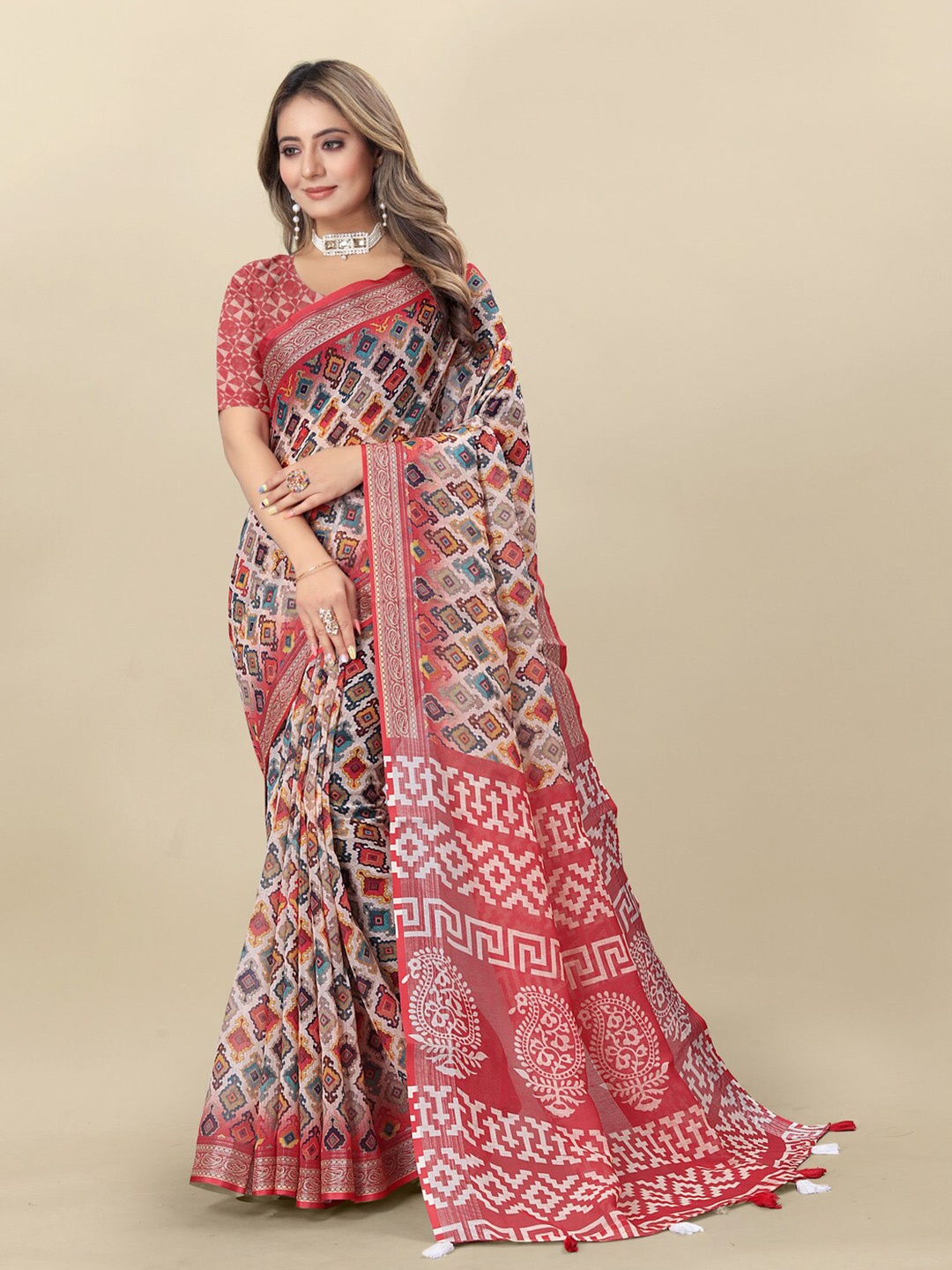 

MOKSHA DESIGNS Ethnic Print Zari Pure Linen Saree with Tassels, Red