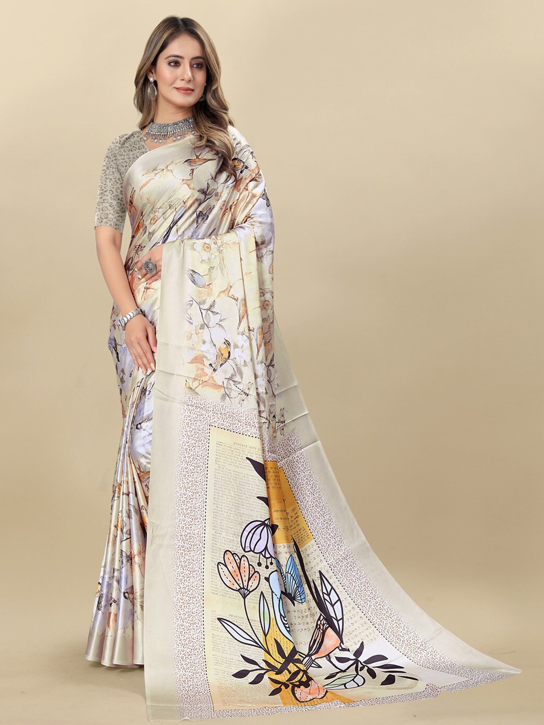 

MOKSHA DESIGNS Floral Print Satin Saree, Cream