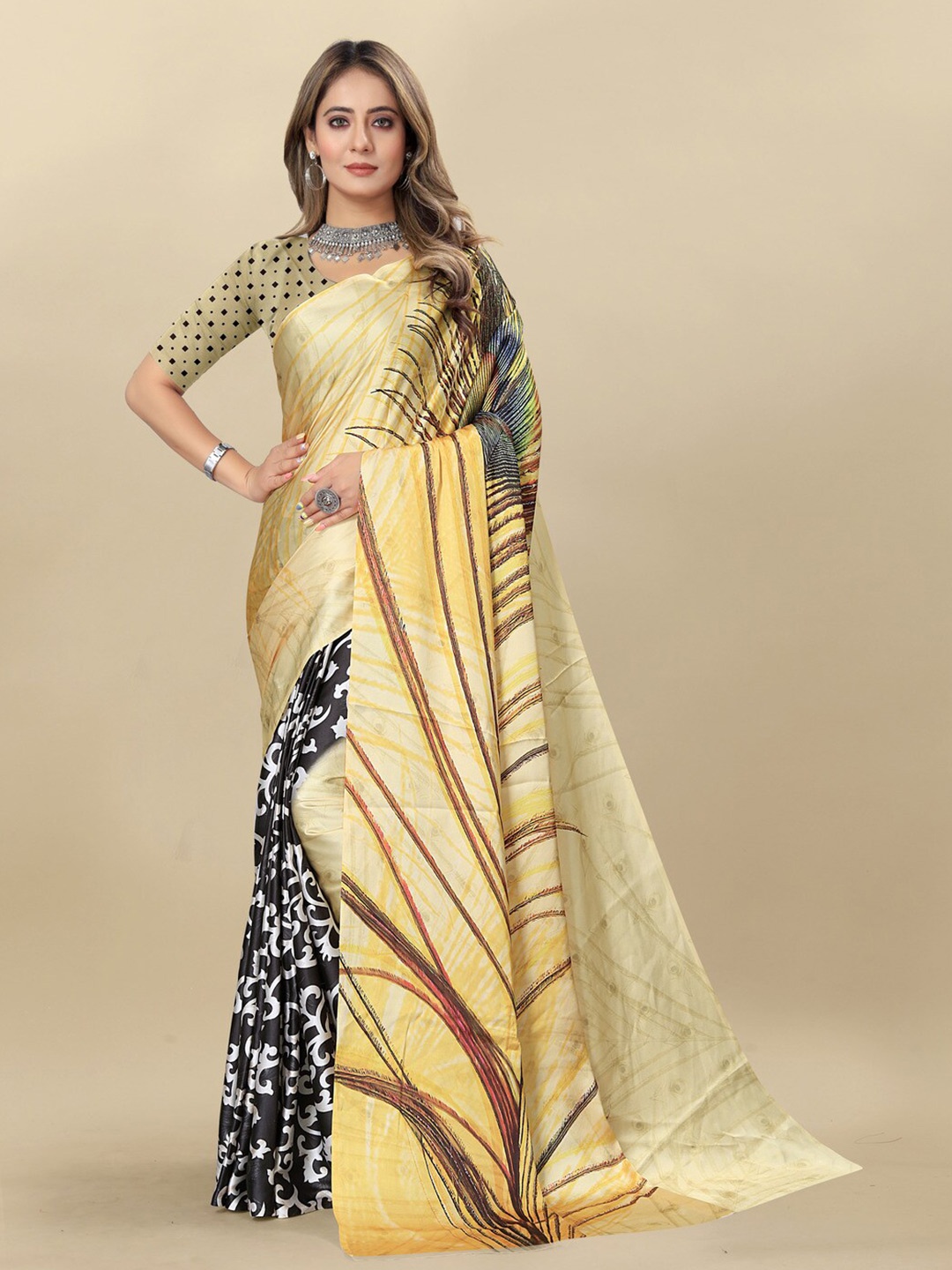 

MOKSHA DESIGNS Floral Print Satin Saree, Beige