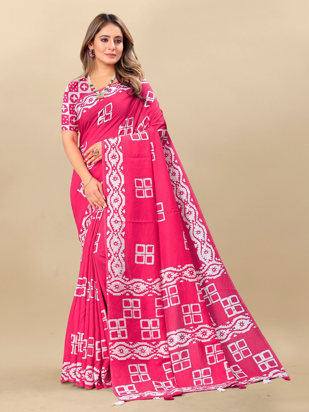 

MOKSHA DESIGNS Batik Pure Cotton Chanderi Saree, Pink