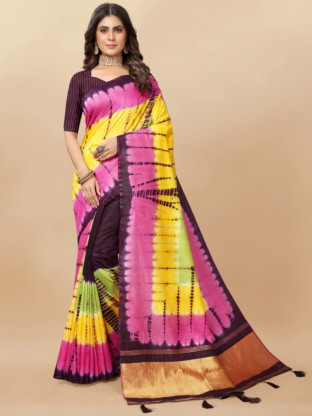 

MOKSHA DESIGNS Pure Cotton Chanderi Saree with Tassels, Magenta