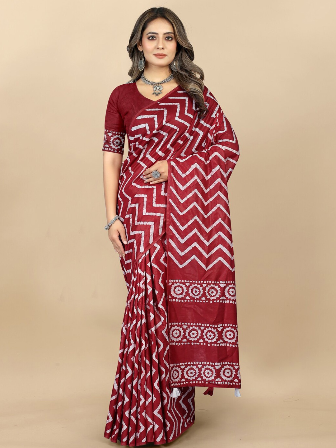 

MOKSHA DESIGNS Batik Pure Cotton Chanderi Saree, Maroon