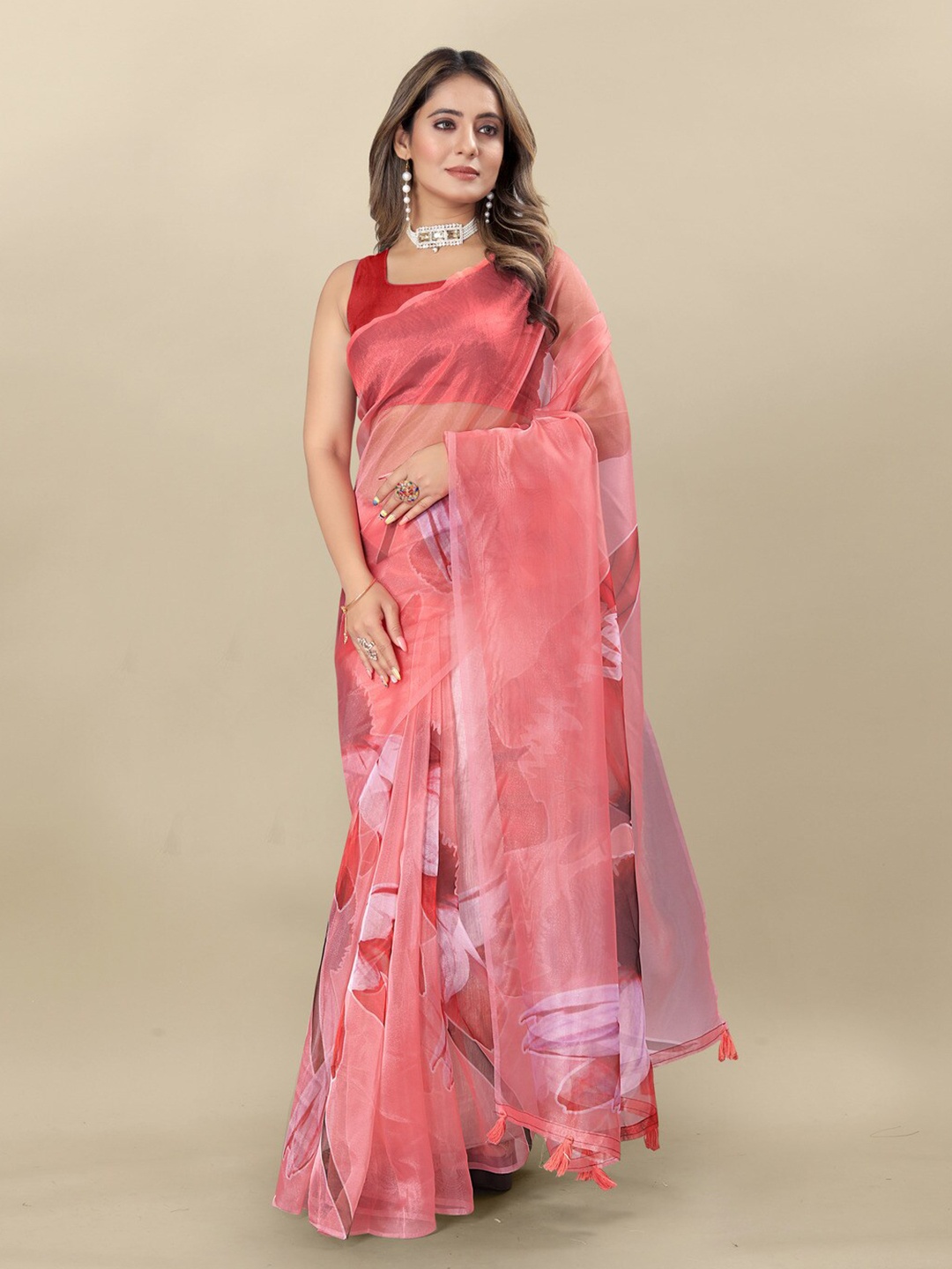 

MOKSHA DESIGNS Floral Printed Organza Saree, Red