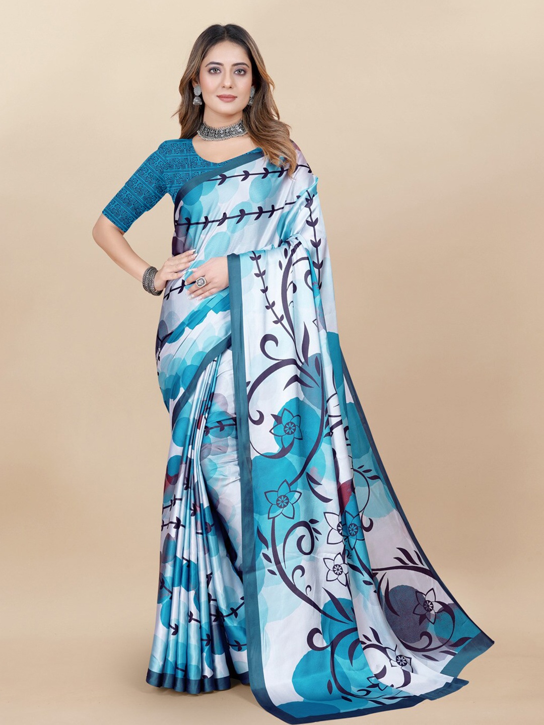 

MOKSHA DESIGNS Floral Printed Satin Saree, Blue