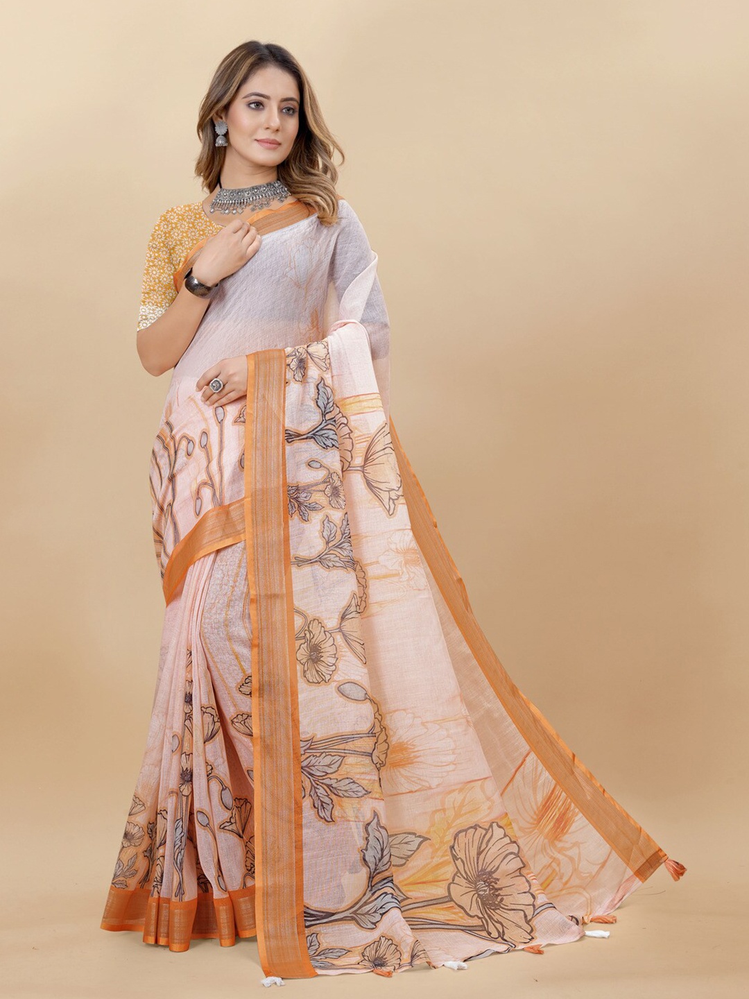 

MOKSHA DESIGNS Floral Printed Pure Linen Saree, White
