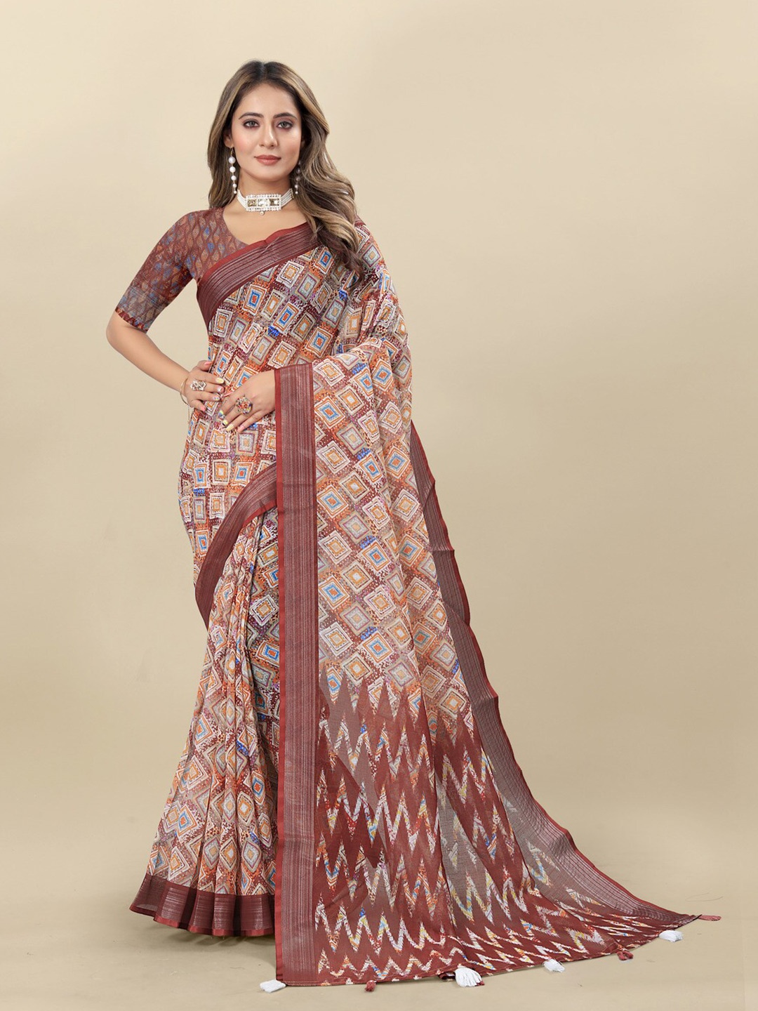 

MOKSHA DESIGNS Ethnic Motifs Printed Zari Pure Linen Saree, Brown
