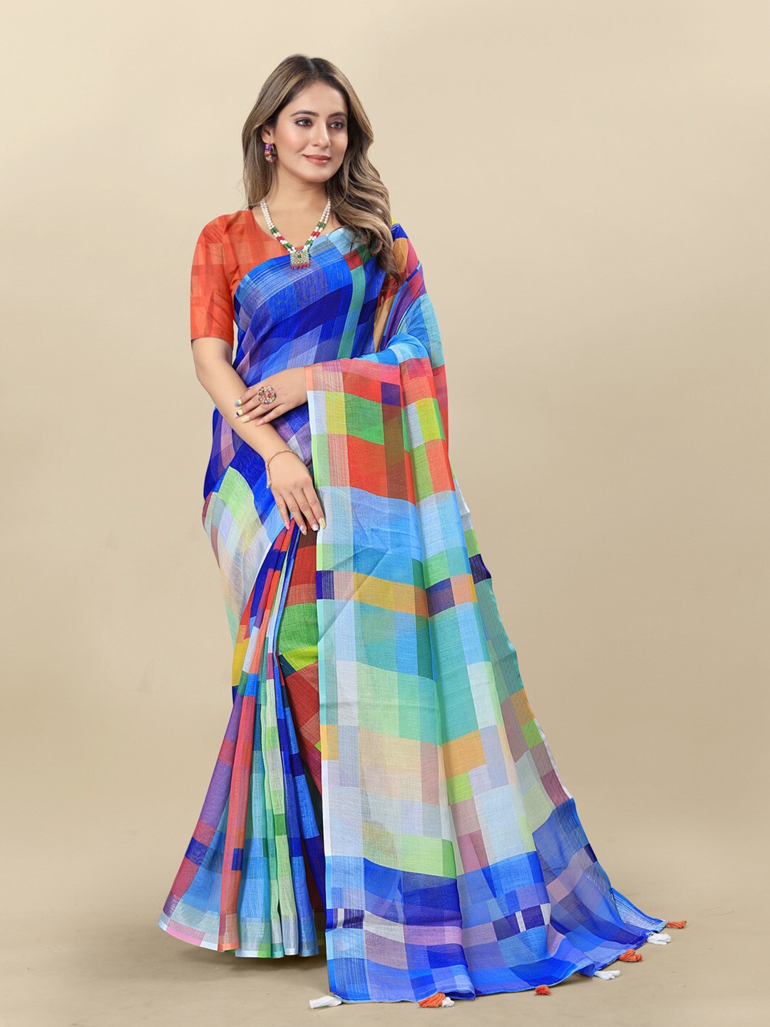 

MOKSHA DESIGNS Checked Pure Linen Saree, Blue