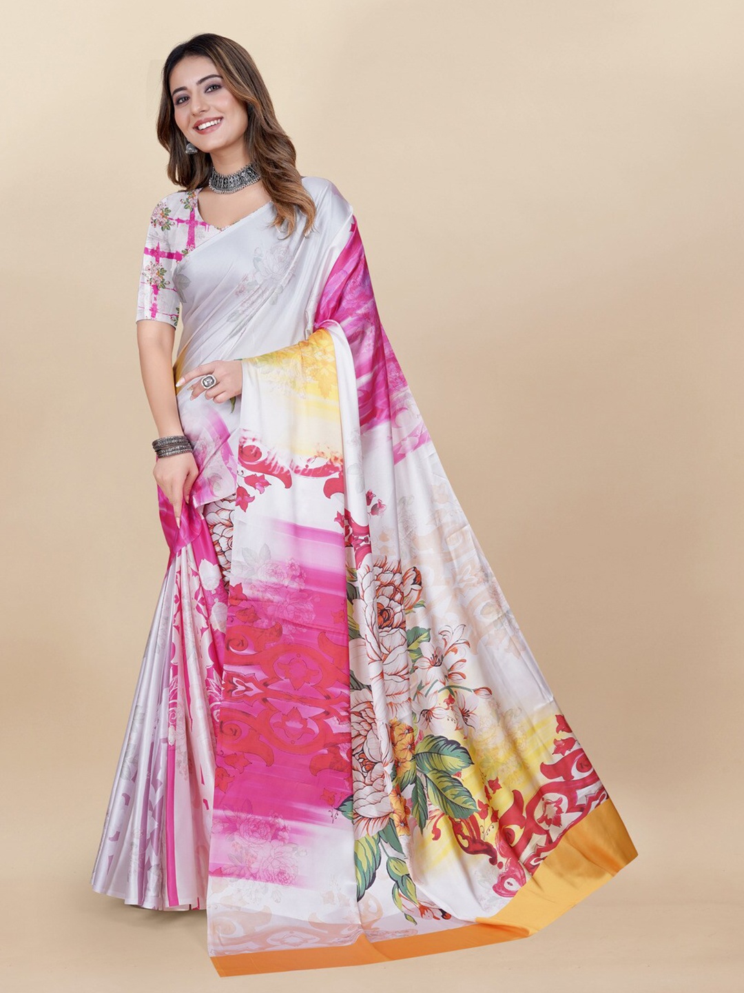 

MOKSHA DESIGNS Floral Print Satin Saree, White