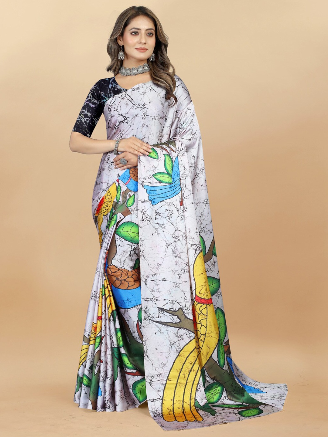 

MOKSHA DESIGNS Floral Satin Saree, Grey