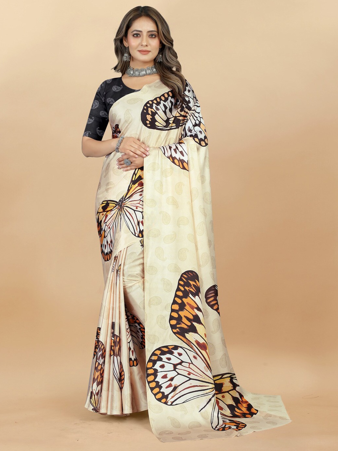 

MOKSHA DESIGNS Butterfly Printed Saree, Beige