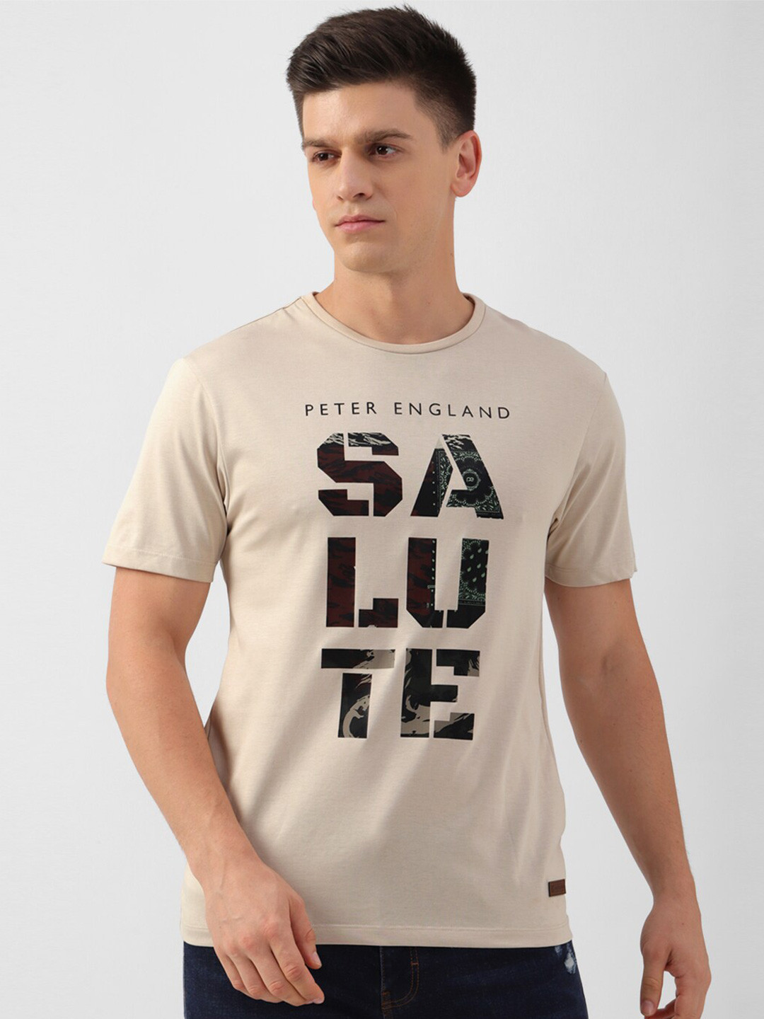 

Peter England Casuals Typography Cotton Printed Applique T-shirt, Beige