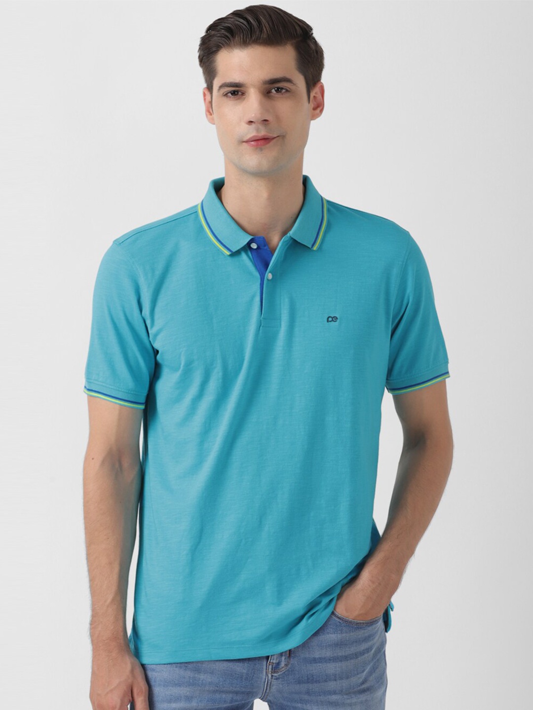 

Peter England Casuals Polo Collar Cotton Pockets Slim Fit T-shirt, Blue