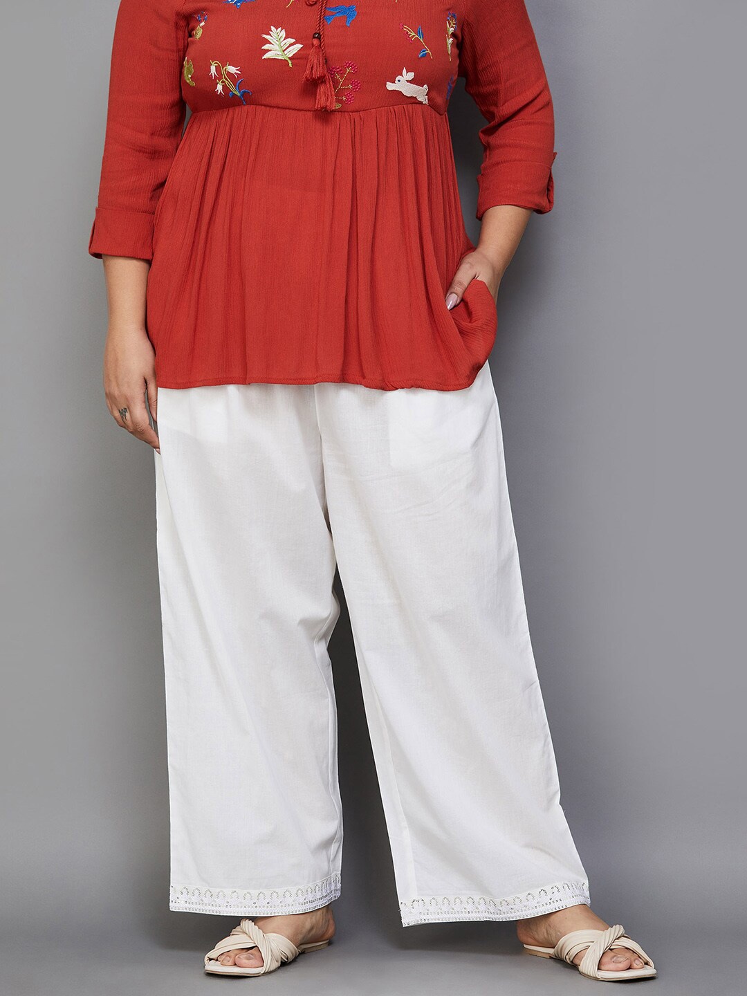 

Moiree by Lifestyle Women Plus Size Mid-Rise Cotton Parallel Trousers, White