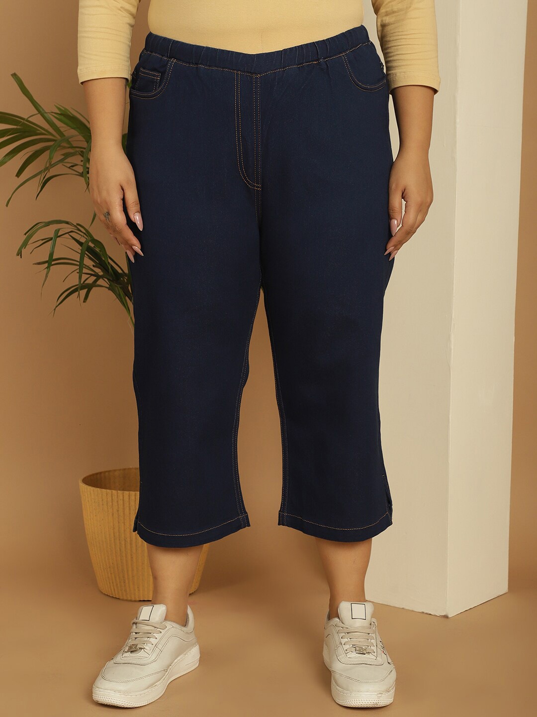 

theRebelinme Plus Size Relaxed Fit High-Rise Denim Capris, Navy blue
