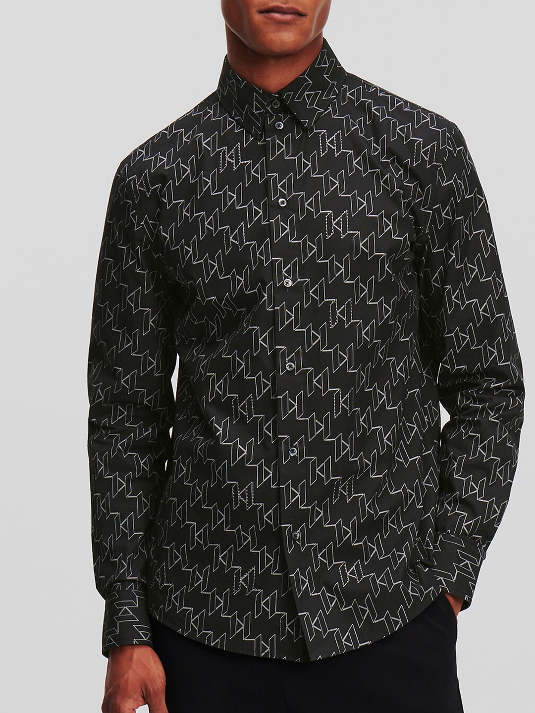 

Karl Lagerfeld Stone Embellished Geometric Printed Cotton Casual Shirt, Black