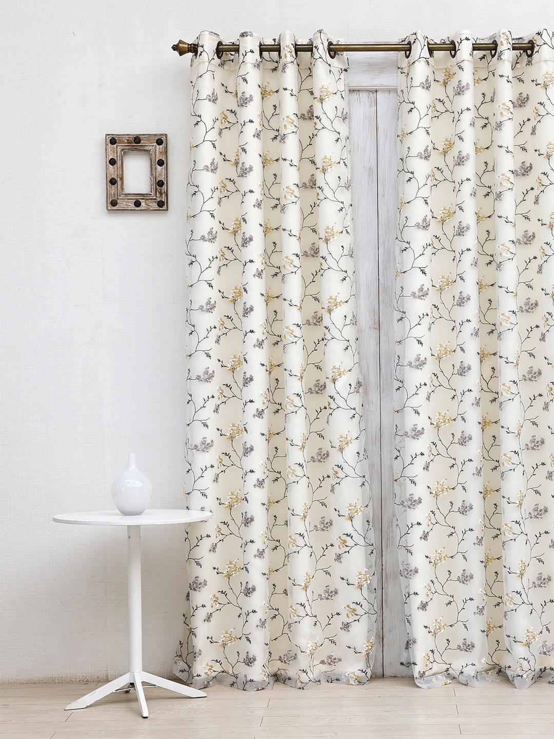 Ariana Grey & White Floral Black Out Long Door Curtain