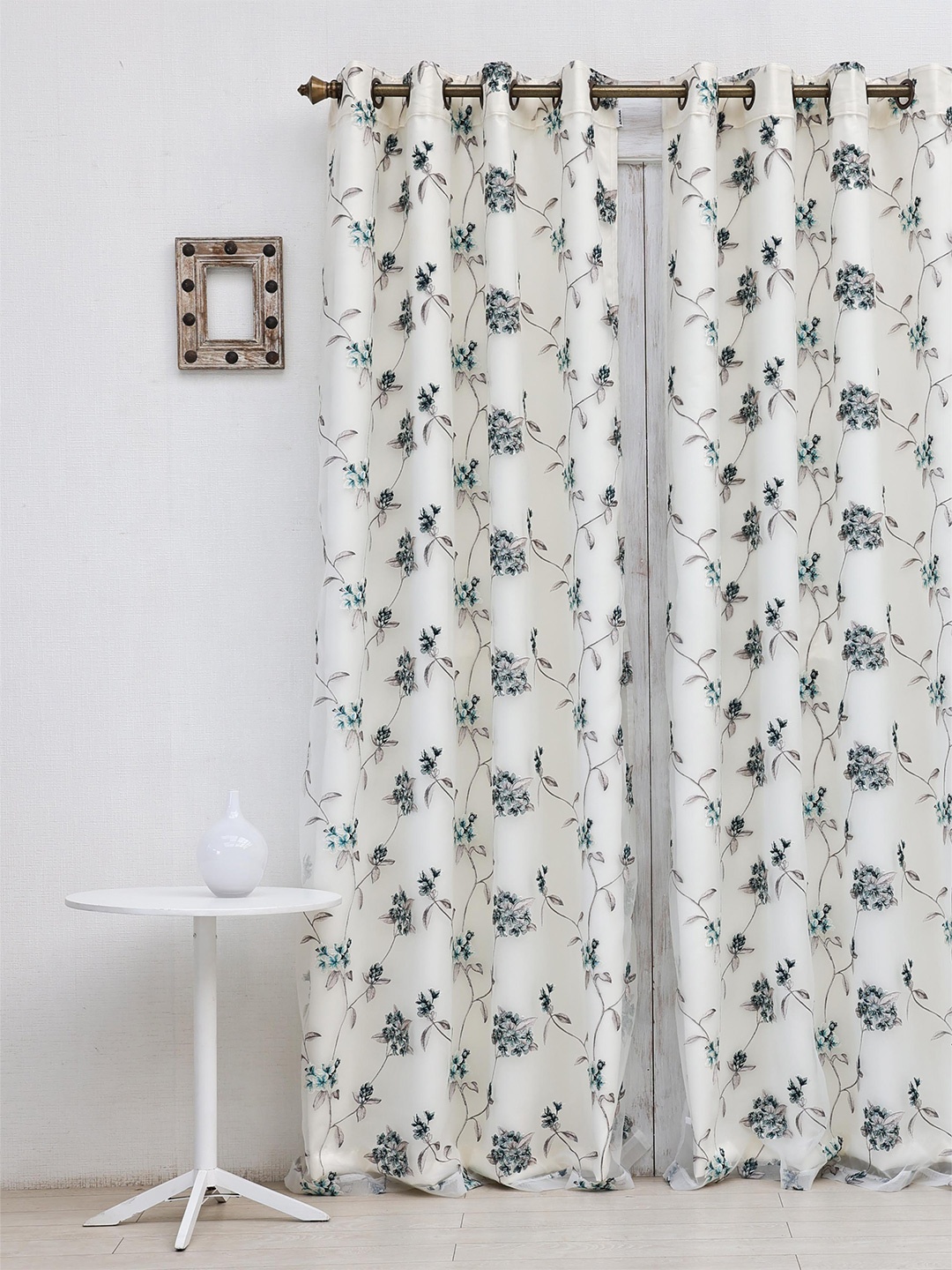Ariana Blue & White Floral Black Out Long Door Curtain