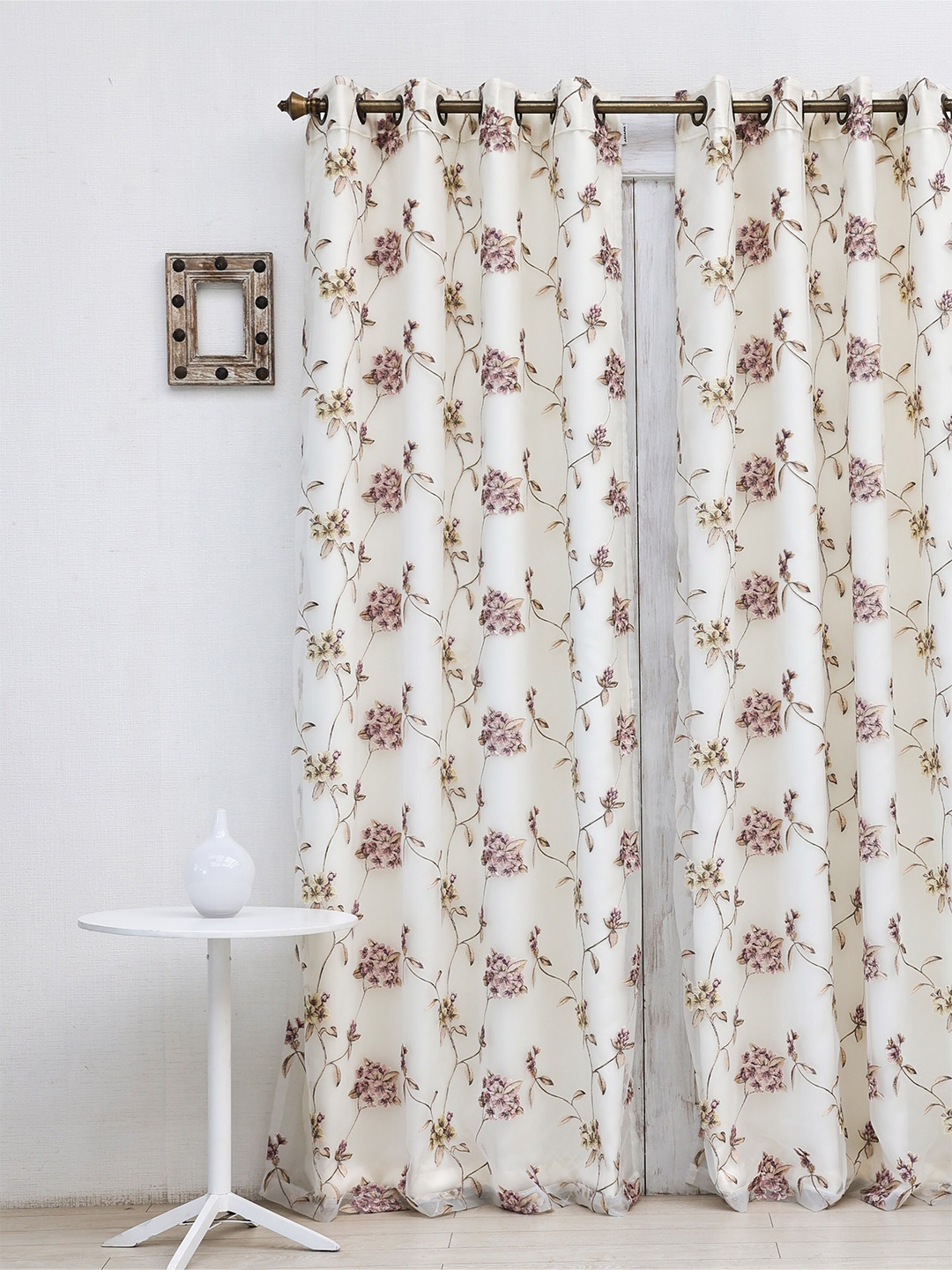 Ariana White & Brown Floral Black Out Door Curtain
