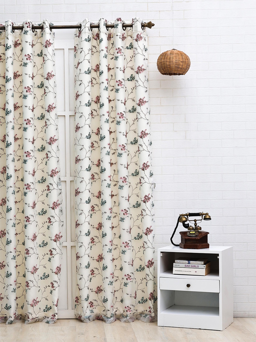 Ariana Beige & Red Floral Room Darkening Eyelet Long Door Curtain