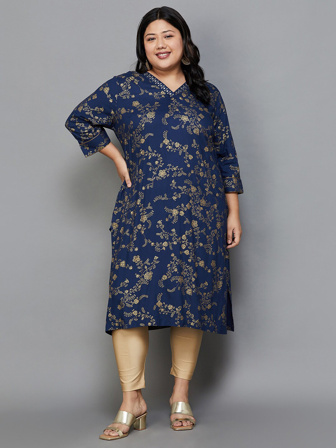 

Moiree by Lifestyle Plus Size Floral Printed V-Neck Mirror Work Straight Kurta, Blue