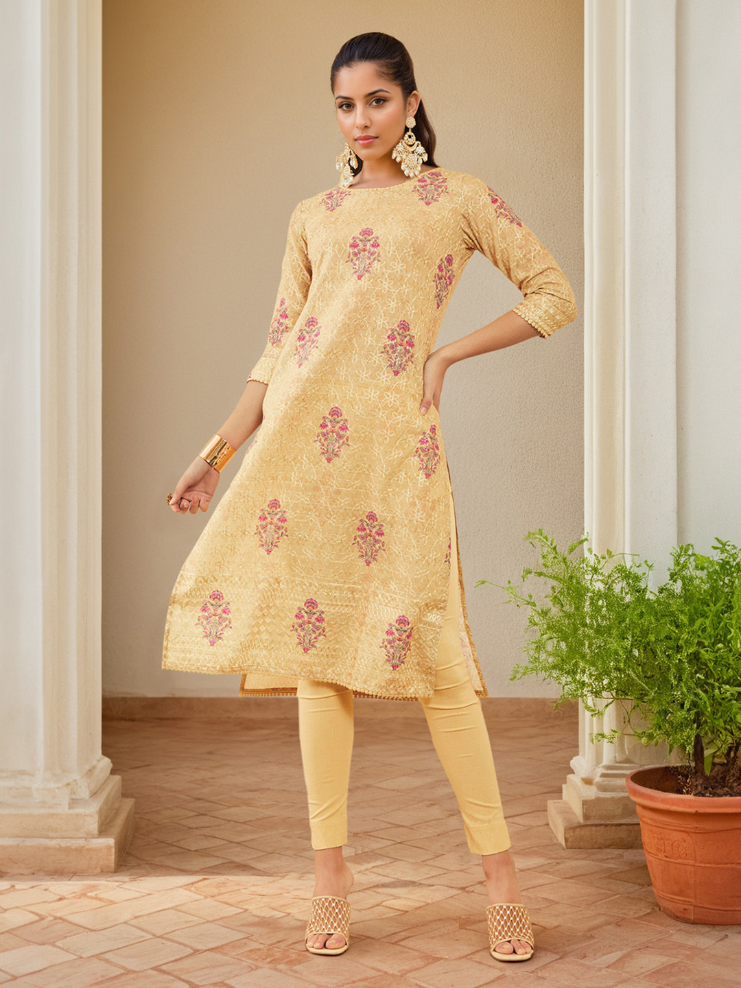 

Soch Beige Floral Printed Thread Work Straight Kurta