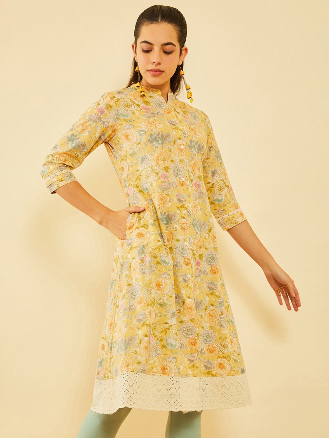 

Soch Floral Printed A-Line Cotton Kurta, Yellow