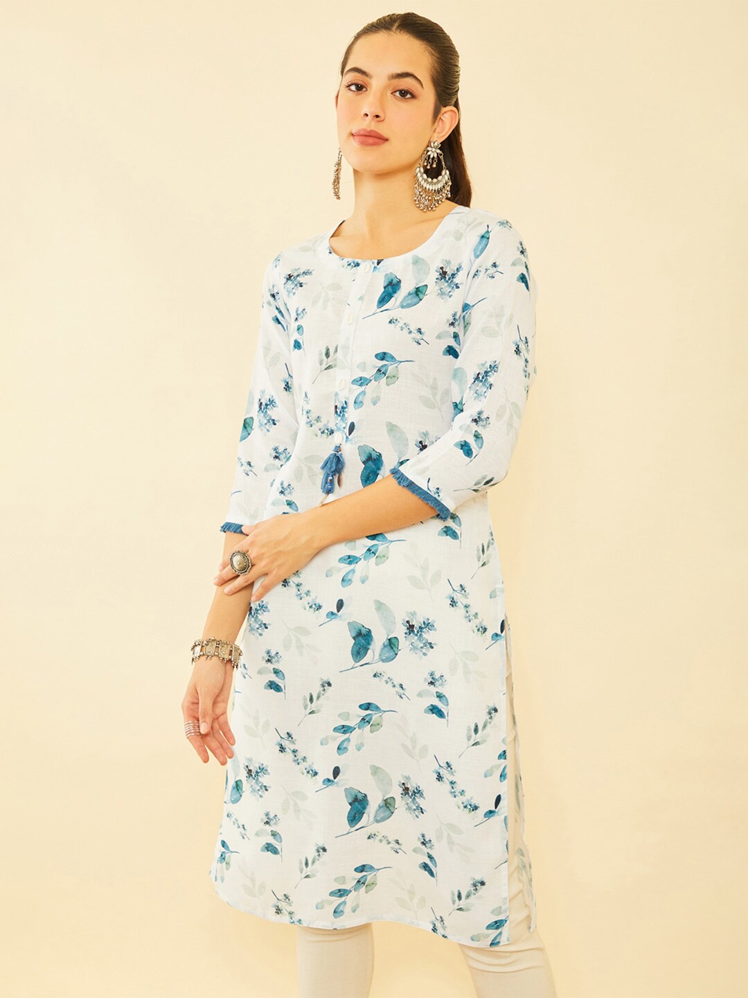 

Soch Botanical Printed Tassels Detail Straight Kurta, White