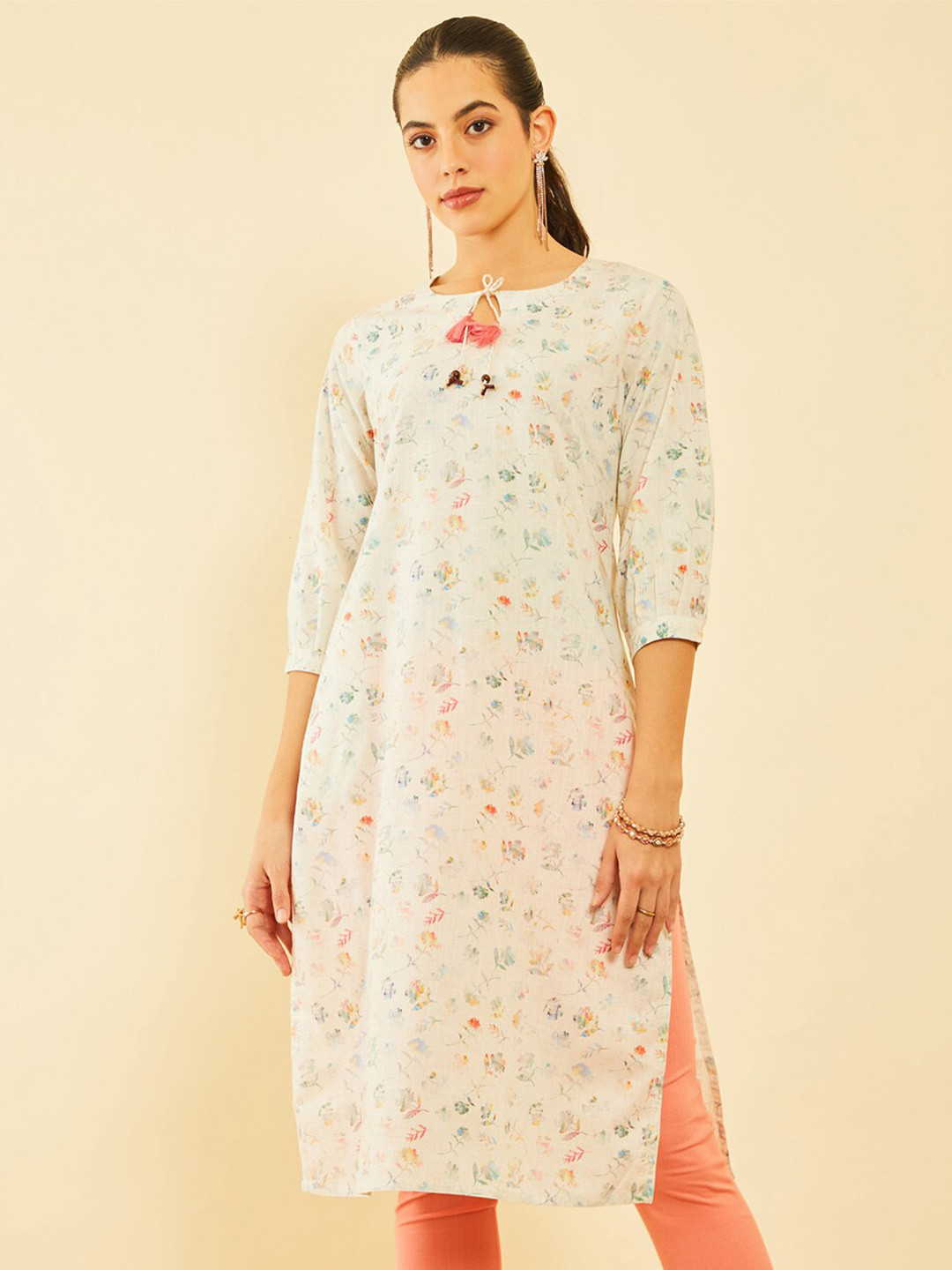 

Soch Off White Floral Printed Tie-Up Neck Straight Kurta
