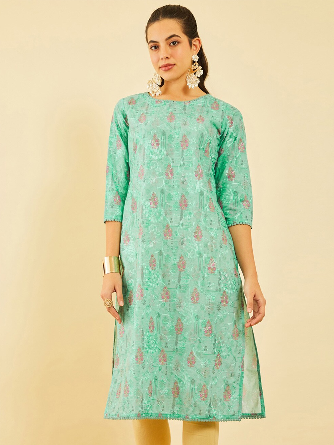 

Soch Green Floral Printed Round Neck Straight Kurta
