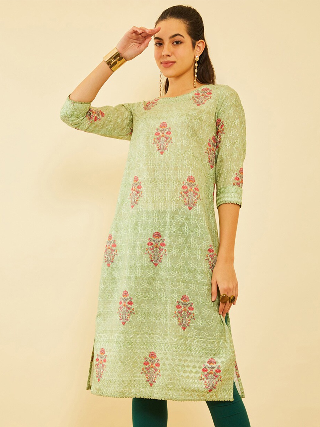 

Soch Ethnic Motifs Printed Thread Work Kurta, Green