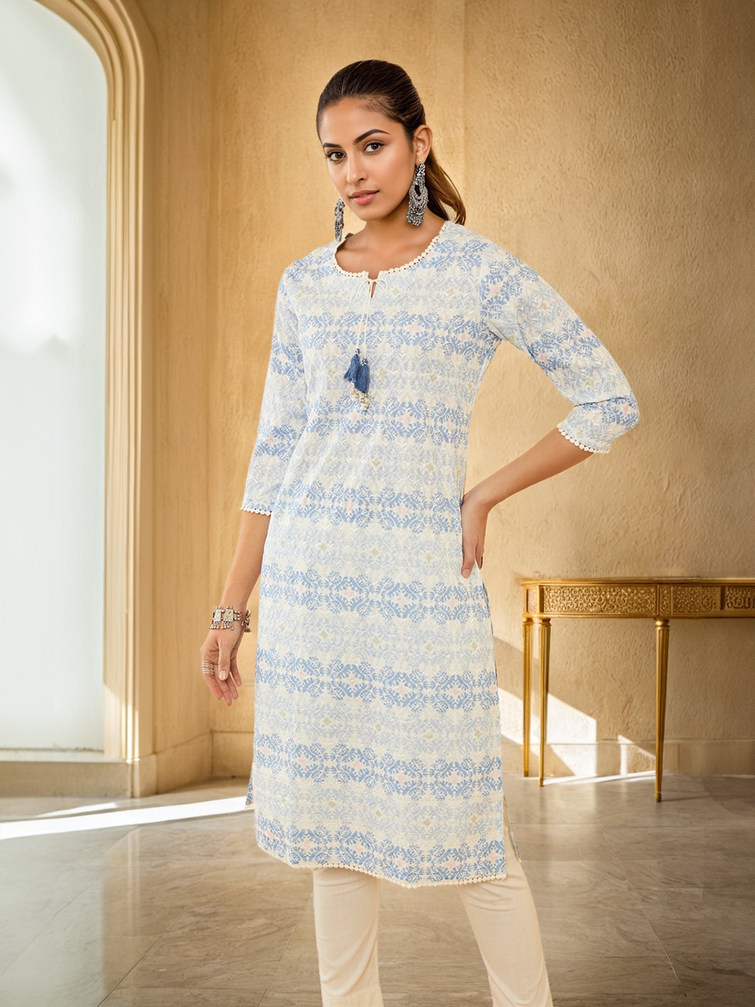 

Soch Off White Ethnic Printed Tie-Up Neck Straight Kurta