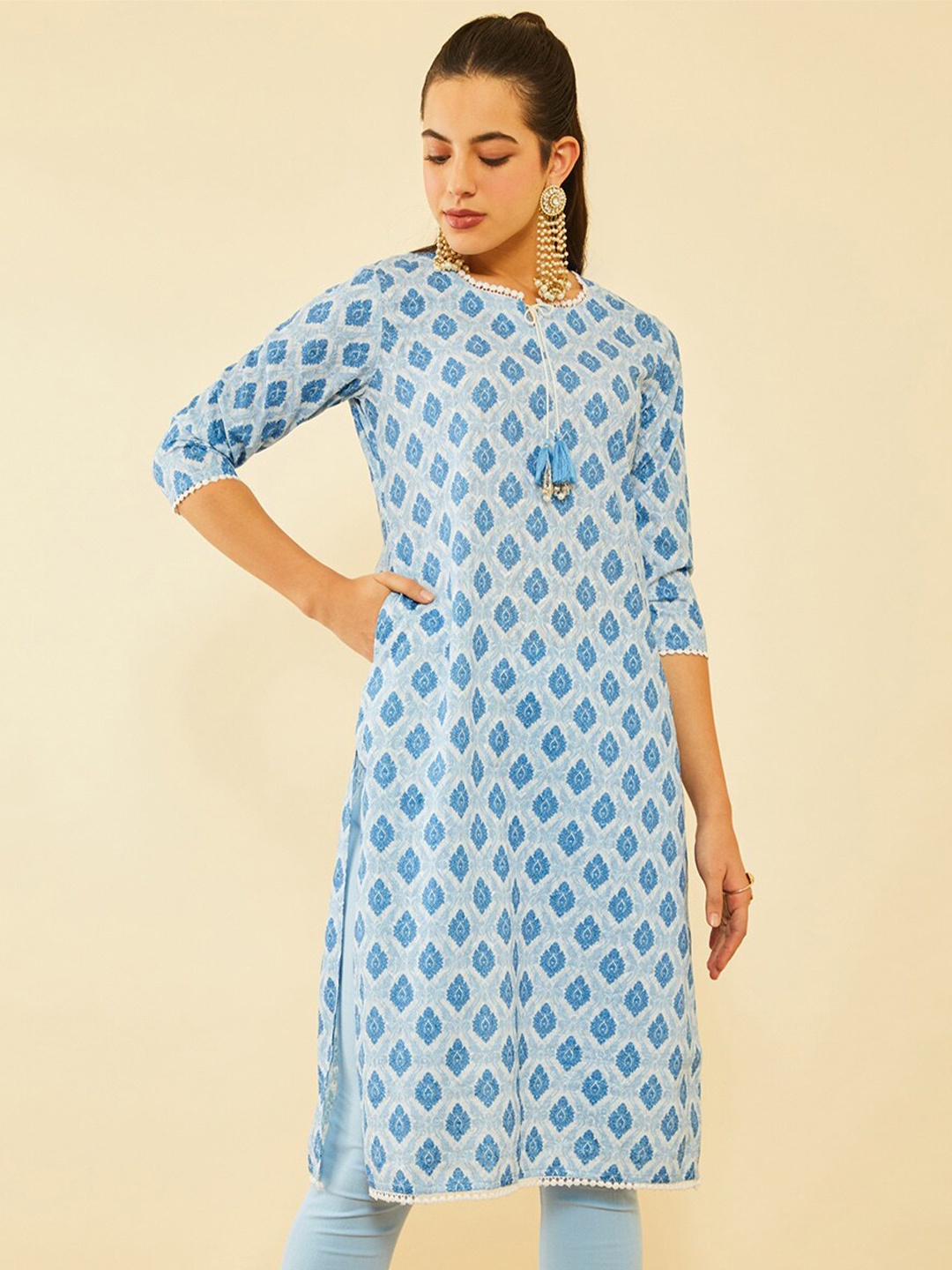 

Soch Off White & Blue Ethnic Printed Straight Kurta