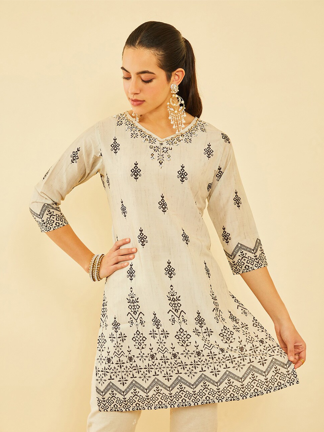 

Soch Ethnic Motifs Printed Sequinned Straight Kurta, Beige