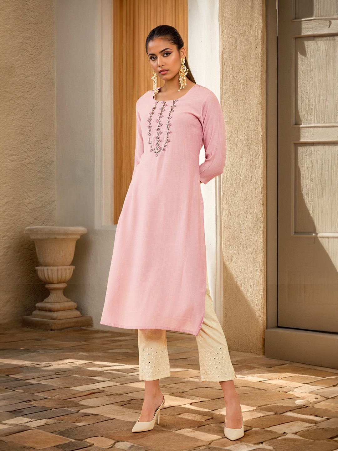 

Soch Yoke Design Beads and Stones Straight Kurta, Pink