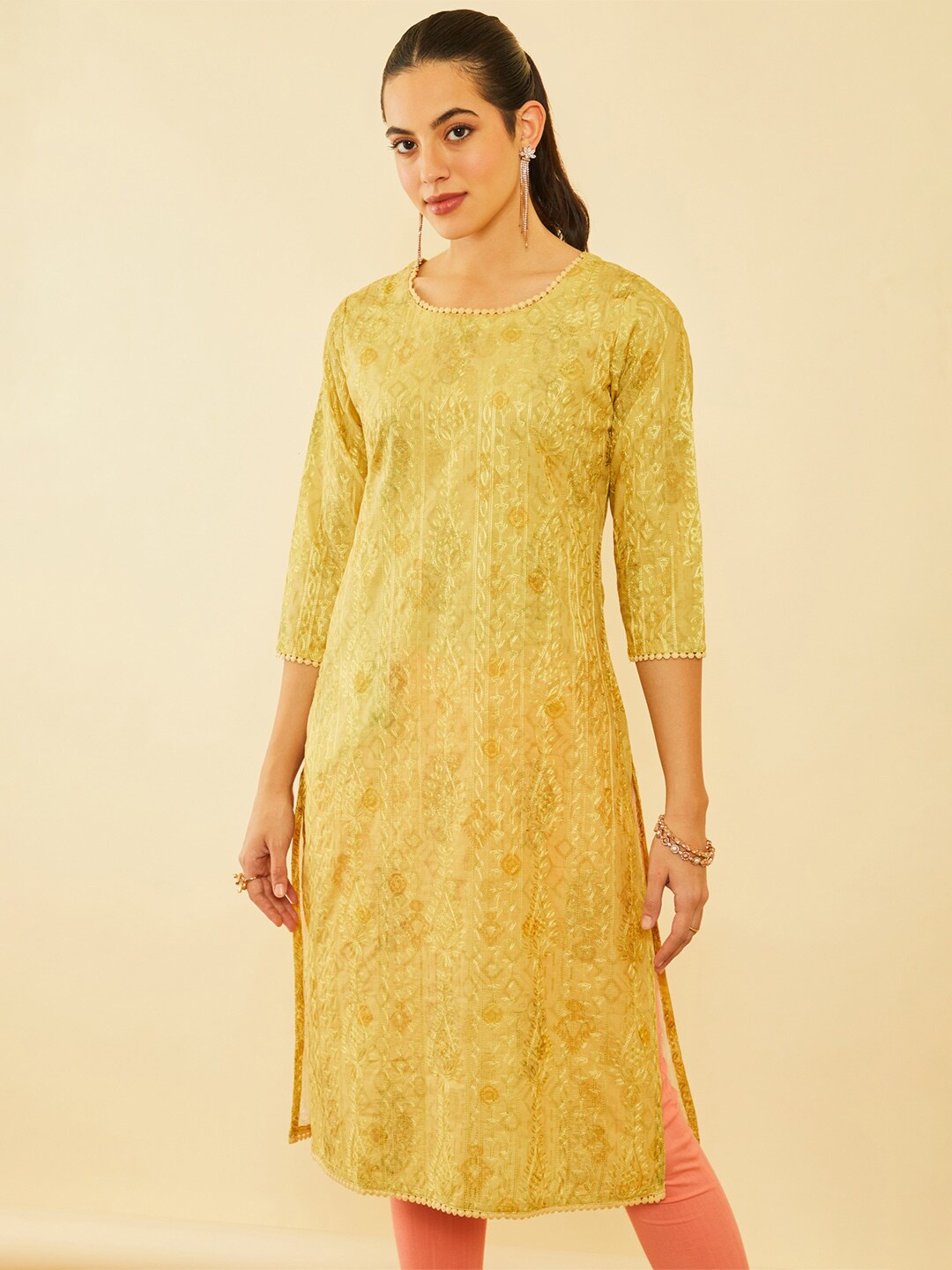 

Soch Ethnic Motifs Embroidered Straight Kurta, Mustard