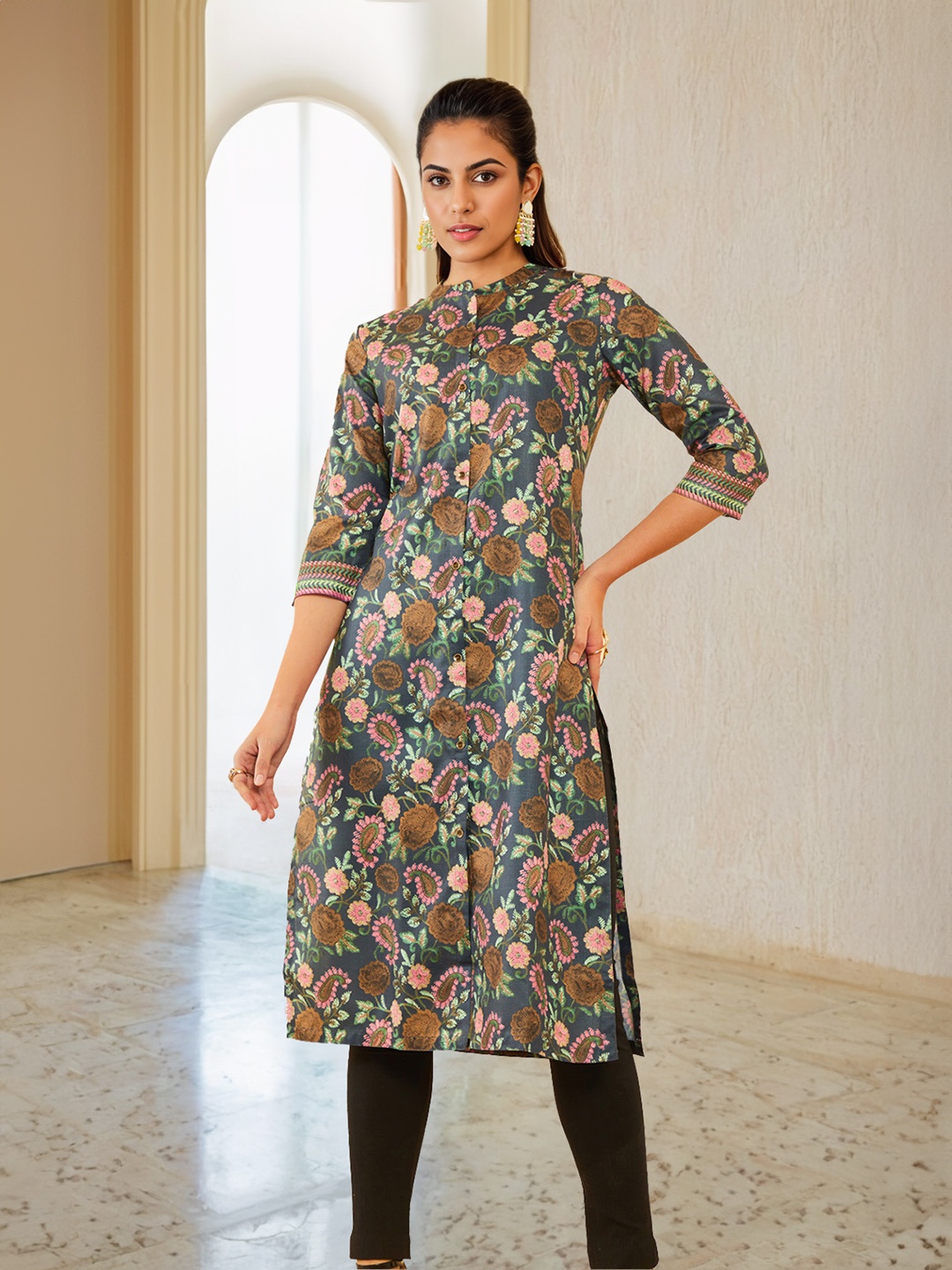 Soch Floral Printed Thread Work Mandarin Collar Straight Kurta, Charcoal