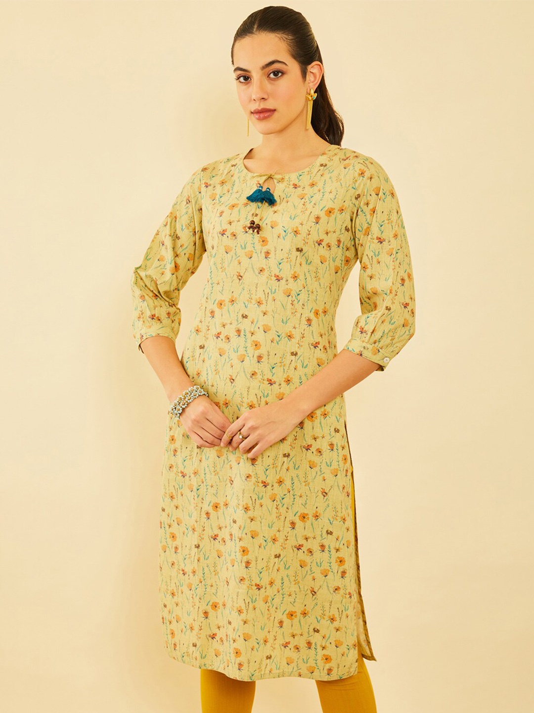 

Soch Floral Printed Tie Up Neck Tassels Detail Straight Kurta, Yellow