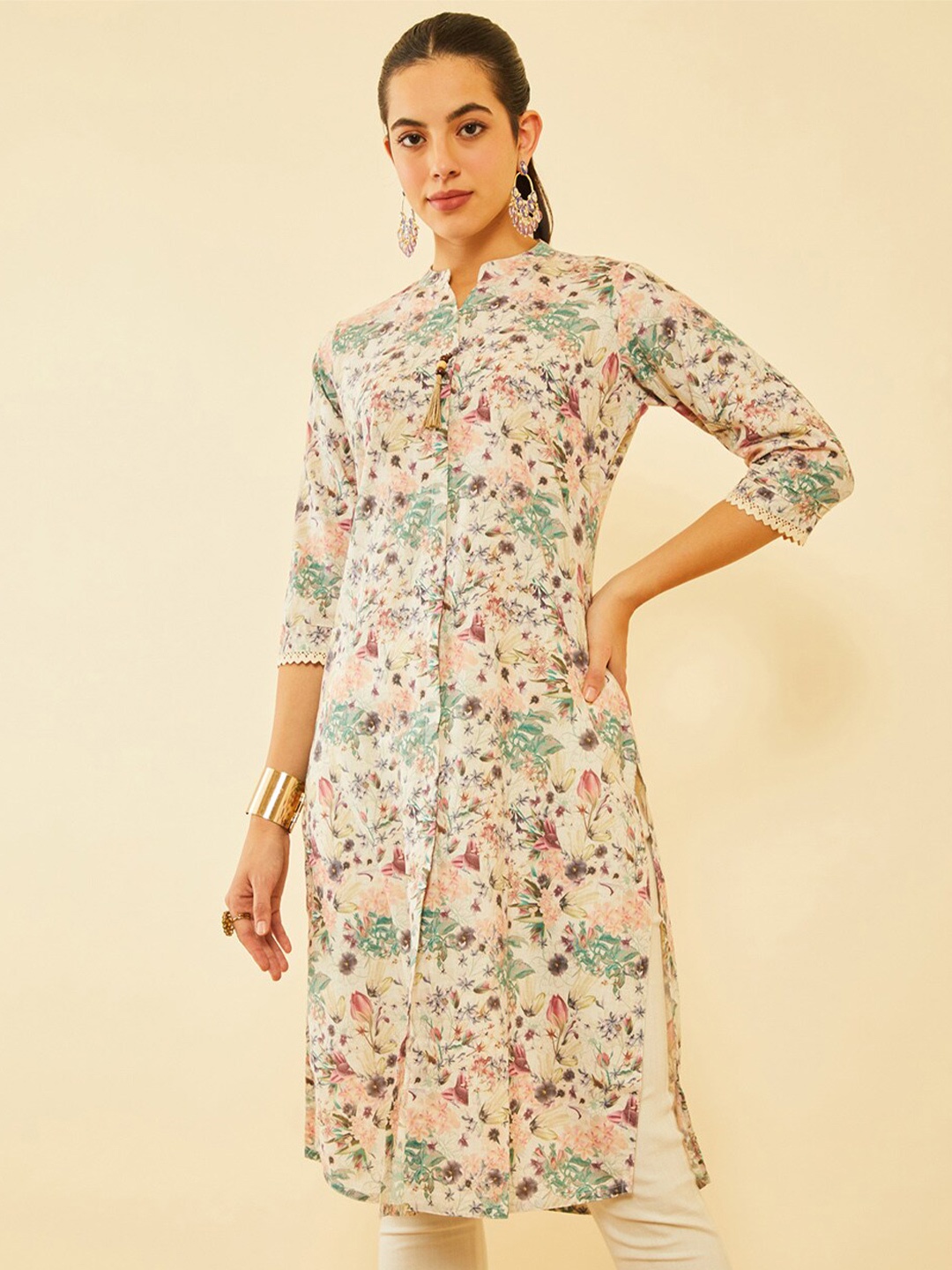

Soch Floral Printed Mandarin Collar Kurta, Beige