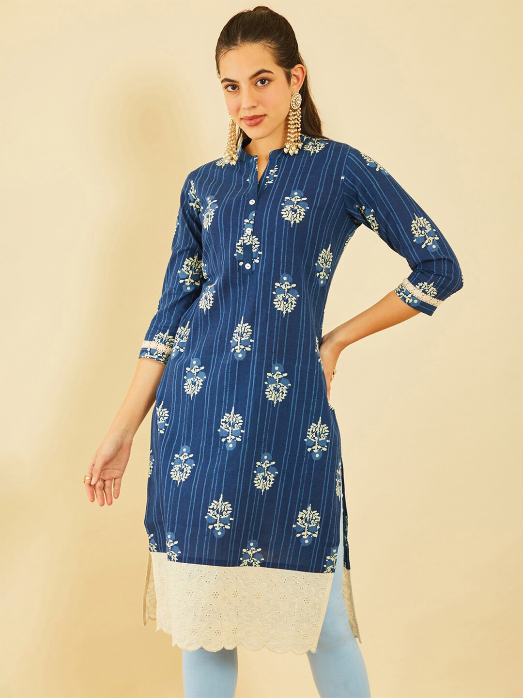 

Soch Floral Printed Mandarin Collar Cotton Straight Kurta, Blue