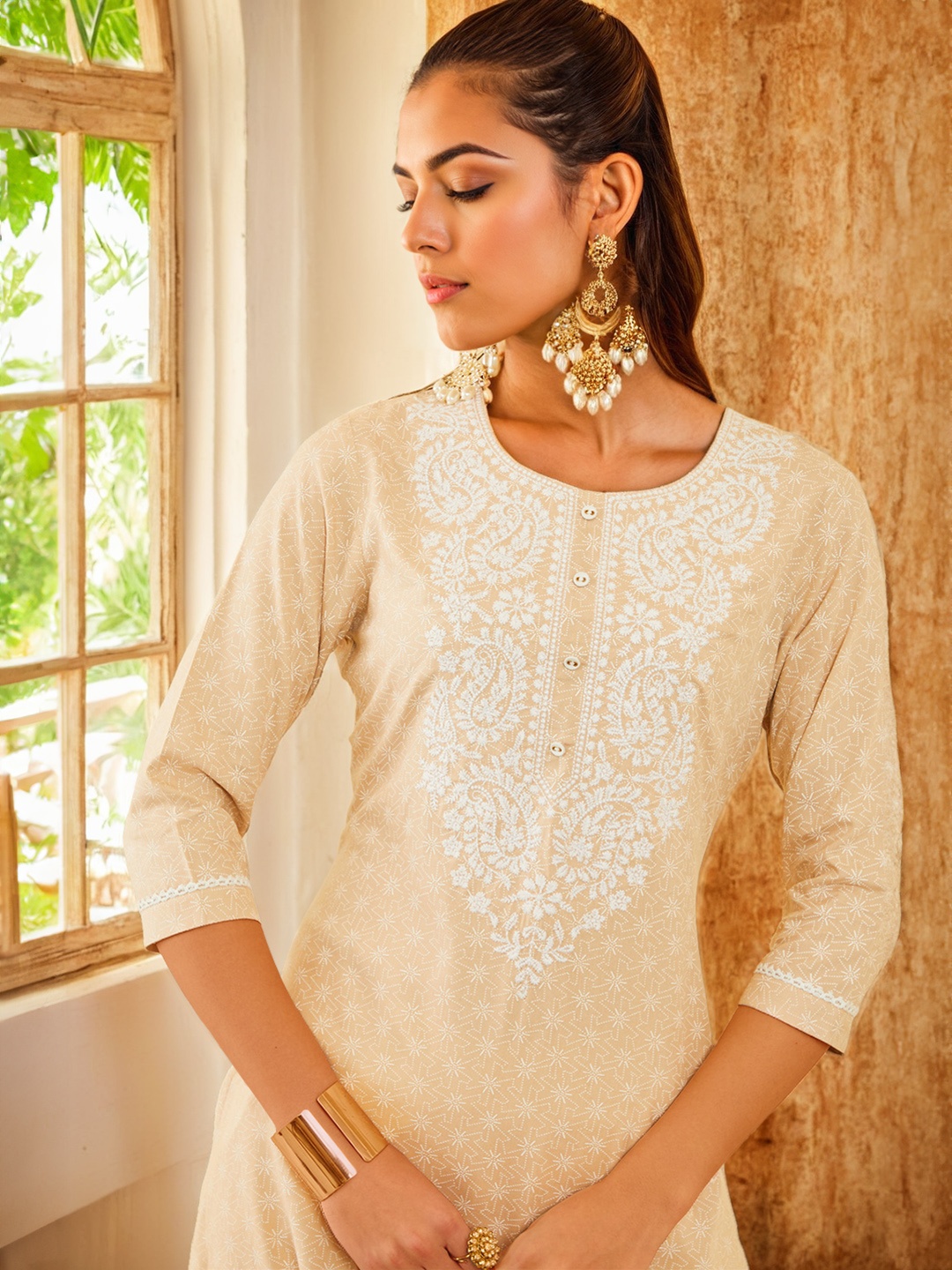 

Soch Floral Printed Thread Work Straight Kurta, Beige