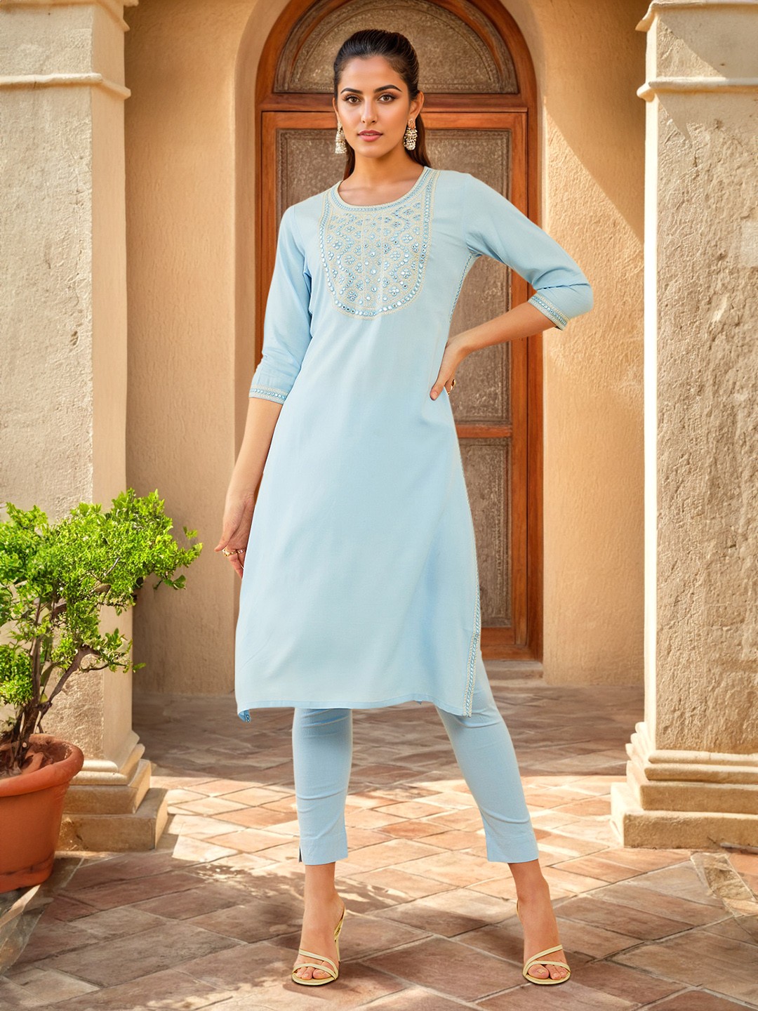 

Soch Blue Yoke Design Mirror Work Straight Kurta