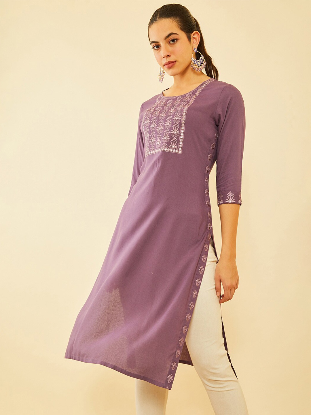 

Soch Purple Ethnic Motifs Yoke Design Mirror Work Straight Kurta